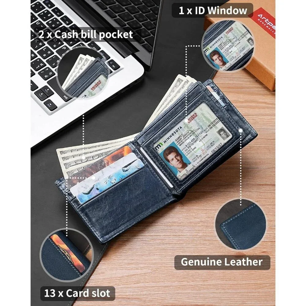 Men's Classic Holders Bifold Wallet Card Blue Genuine Leather 2 Cash Pockets